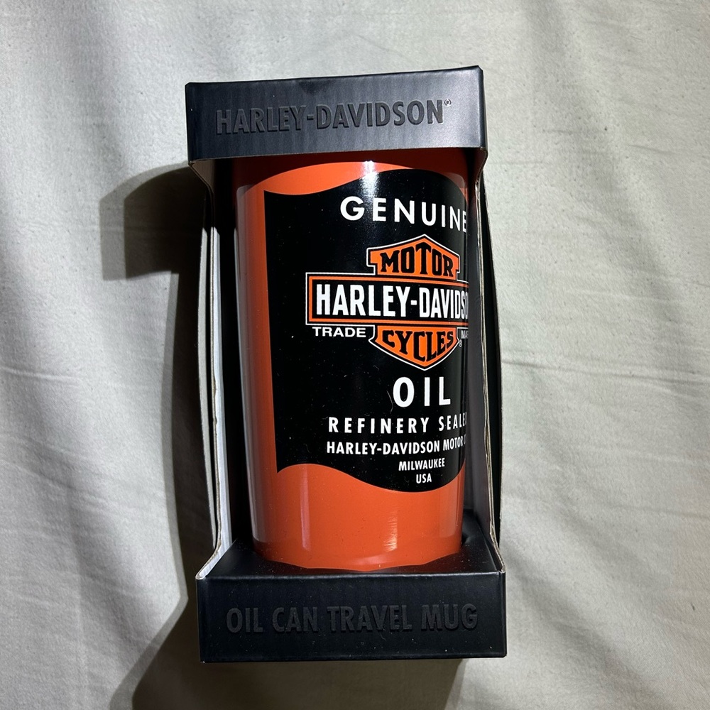 Harley Davidson oil can travel mug. Brand new in box.